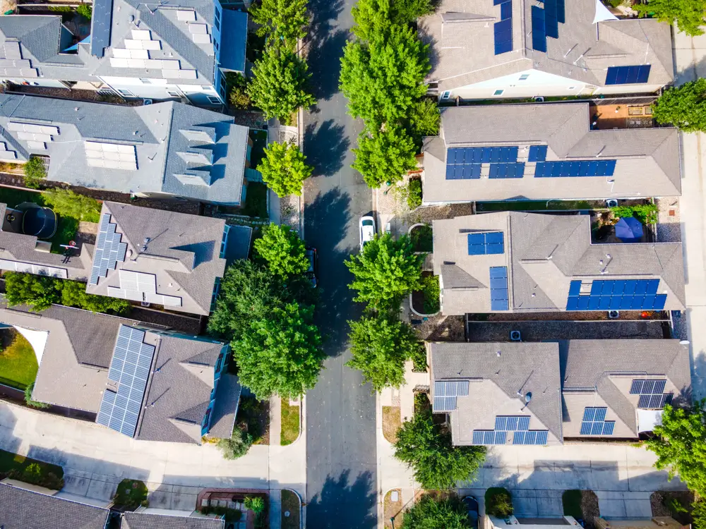 Straight down Aerial drone view of the Mueller District in Austin , Texas , USA - endless solar panels and a renewable , sustainable community of homes